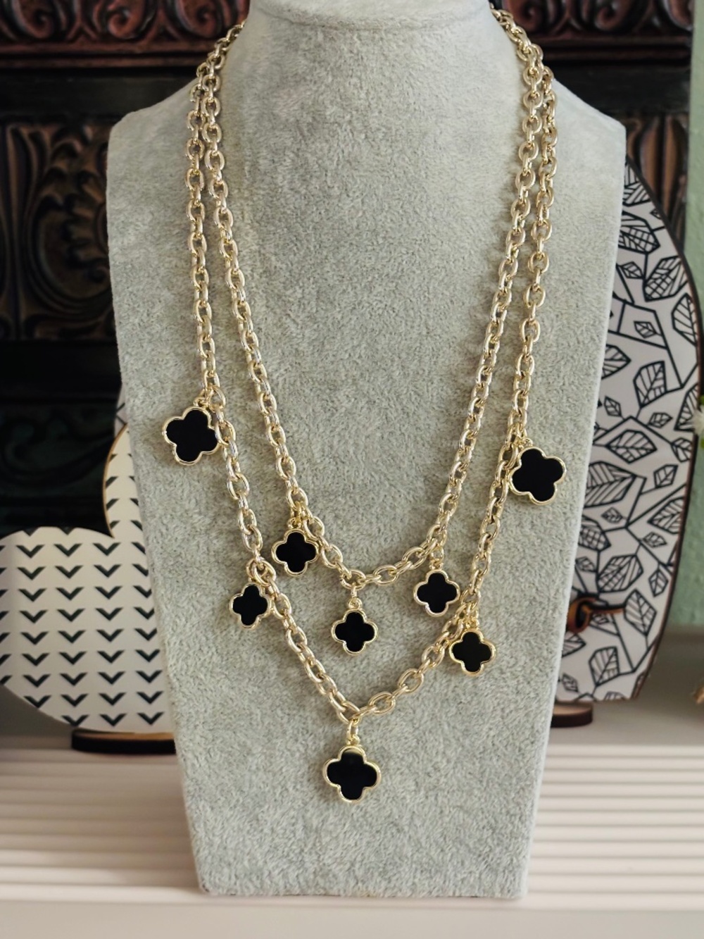 Gold Chain Toggle Necklace with Black Clover Charms